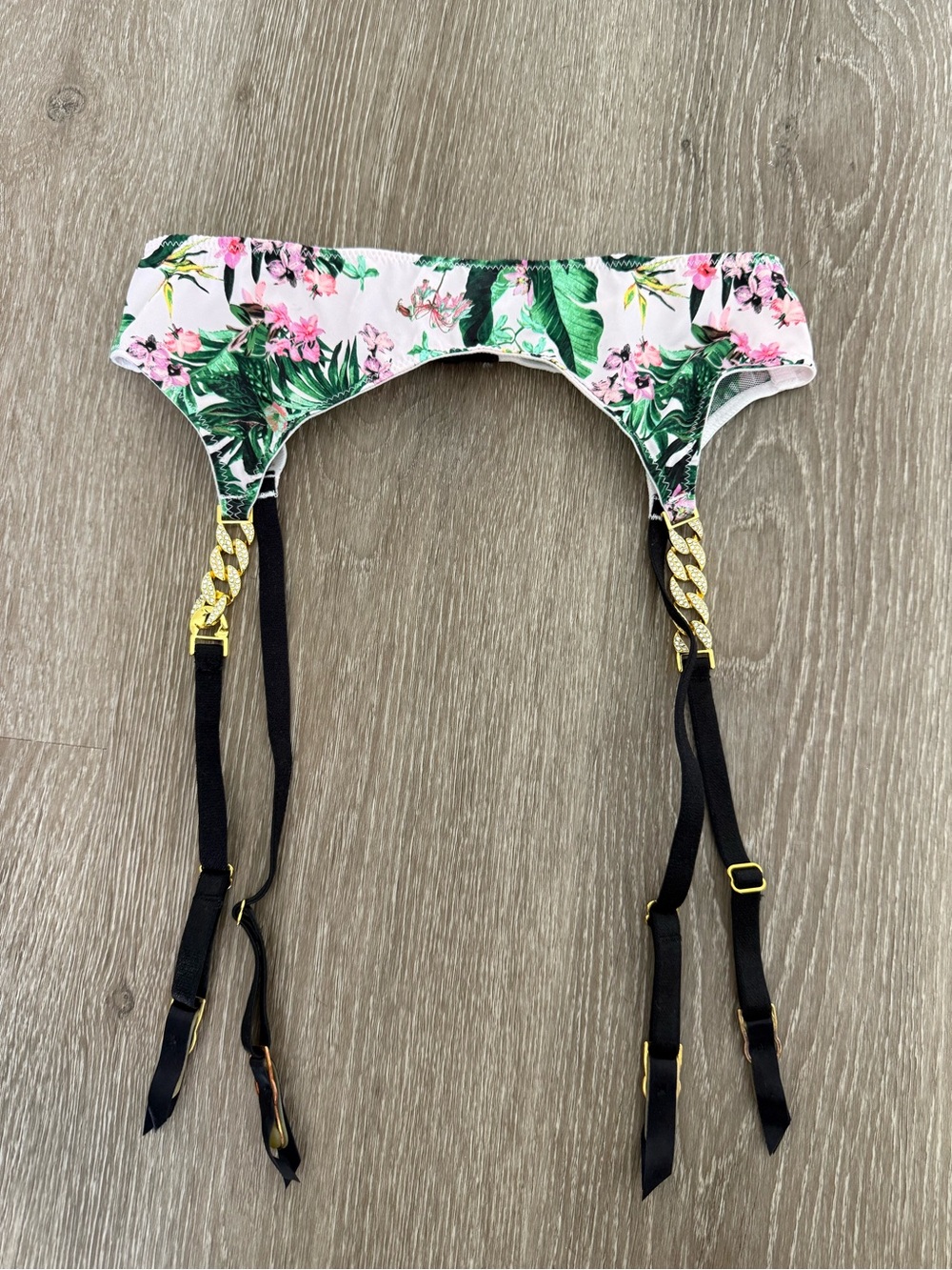 Victoria's Secret Pink & Green Floral Garter Belt with Gold Chains